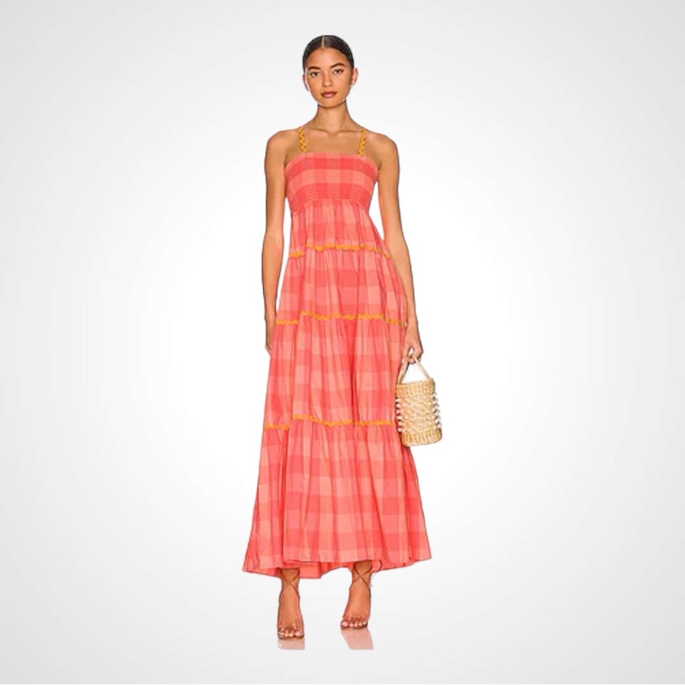 SUNDRESS Vanina Big Gingham Neon Coral Dress SIZE X-SMALL / SMALL